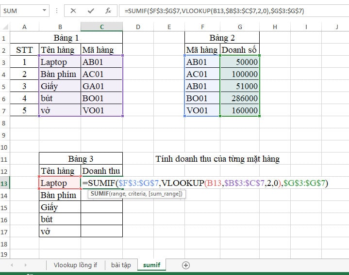 hàm sumif kết hợp hàm vlookup 1