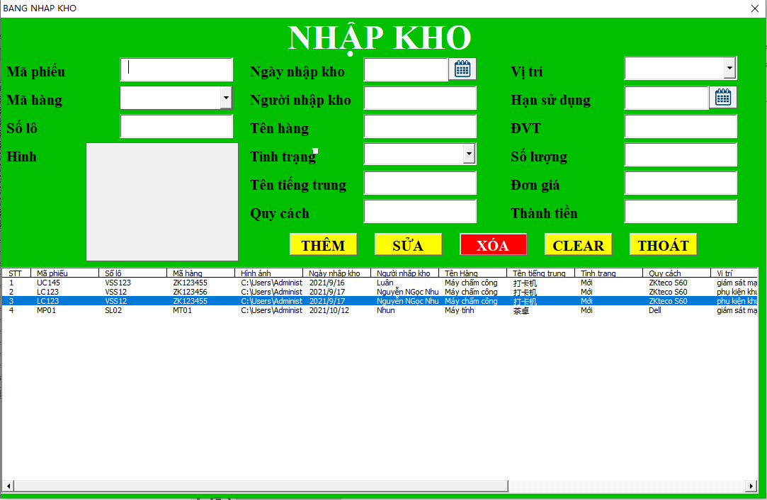 Biểu nhập kho - quản lý kho bằng vba excel