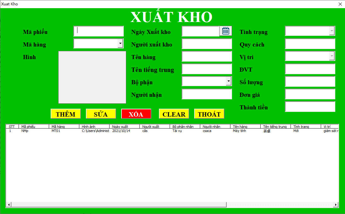 Form xuất kho trong quản lý kho bằng VBA Excel