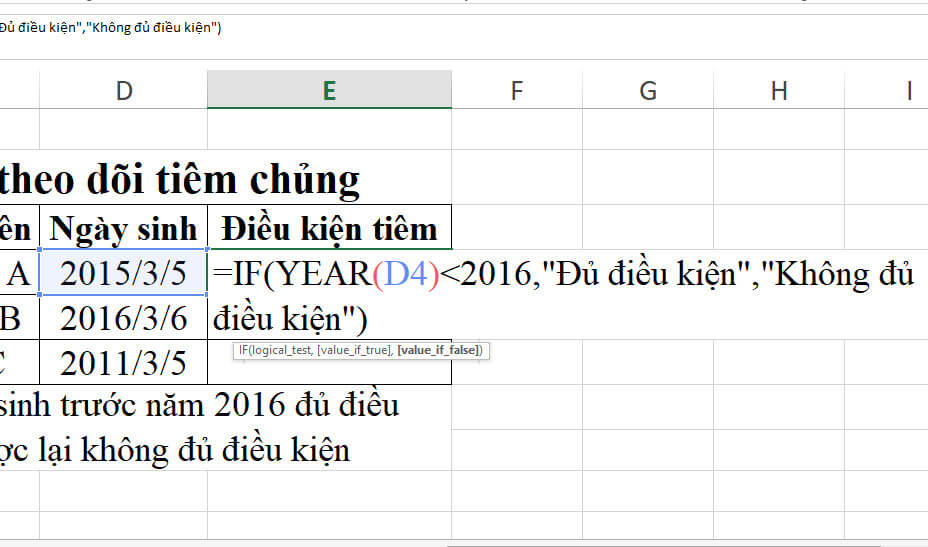 công thức hàm year ví dụ 1