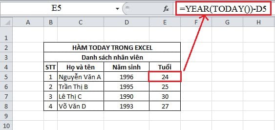 Hàm Today Trong Excel: Hàm Trả Về Ngày Tháng Hiện Tại