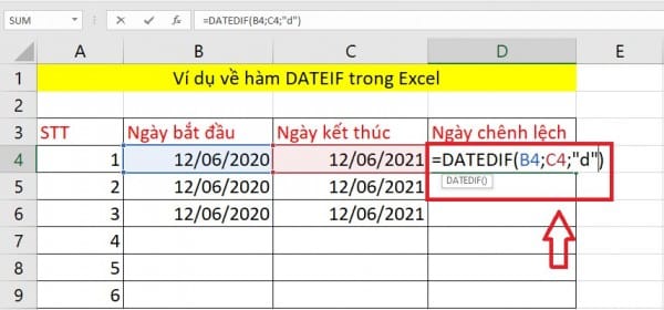 Ví dụ về hàm Datedif trong Excel