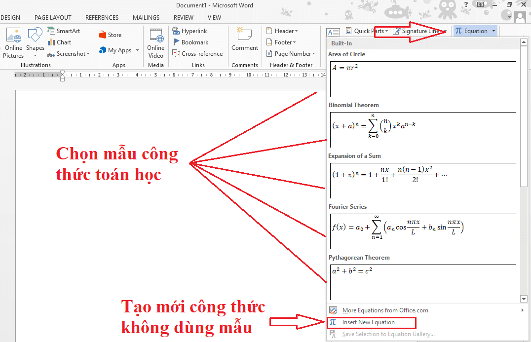 bước 2 chèn ký hiệu toán học trong word