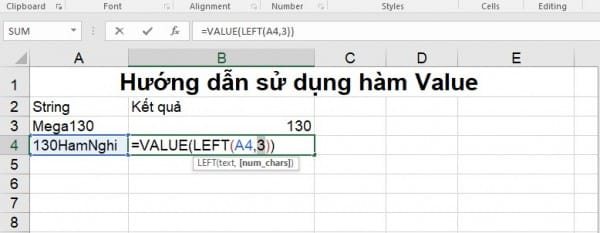Cách dùng hàm VALUE với hàm RIGHT, MID, LEFT