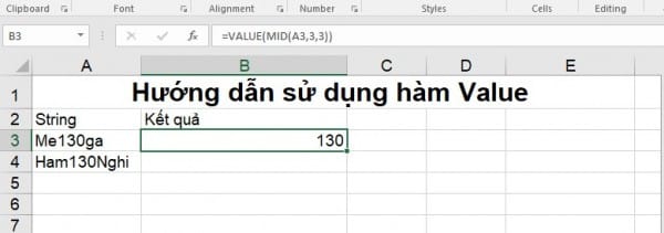 Cách dùng hàm VALUE với hàm RIGHT, MID, LEFT