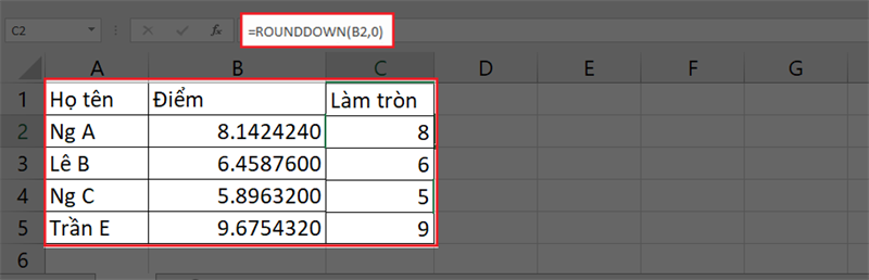 Cách làm tròn số xuống bằng hàm Rounddown trên Excel