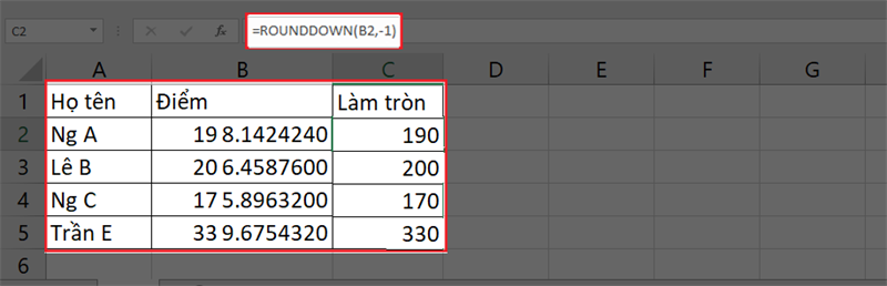 Cách làm tròn số xuống bằng hàm Rounddown trên Excel