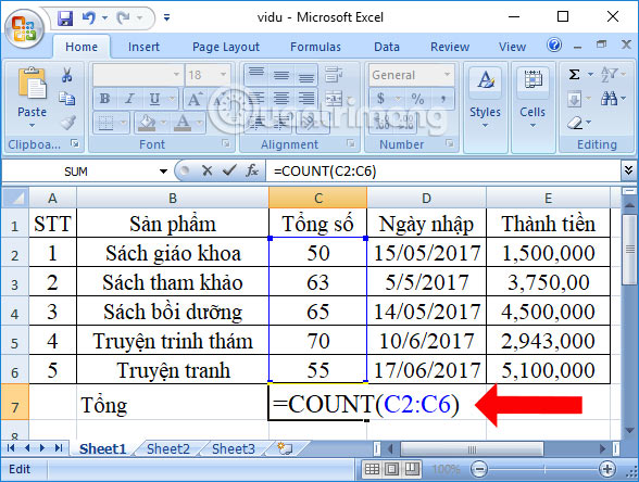 cach su dung ham count trong excel 2