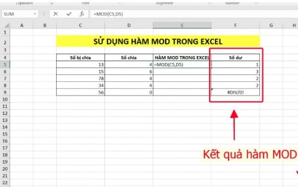 Cách sử dụng hàm mod trong excel