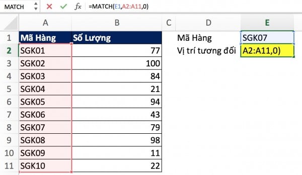 Cú pháp của hàm match trong excel