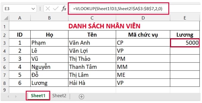 Cách sử dụng hàm vlookup giữa 2 sheet