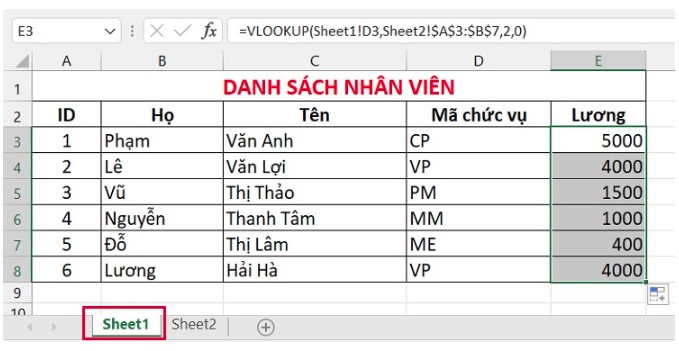 Cách sử dụng hàm vlookup giữa 2 sheet