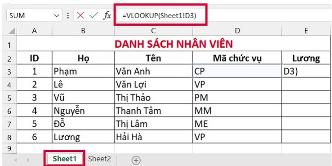 Cách sử dụng hàm vlookup giữa 2 sheet