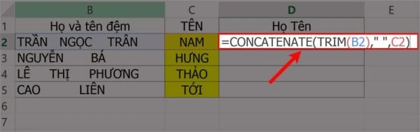Dùng hàm TRIM kết hợp hàm CONCATENATE để nối chuỗi