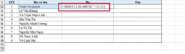 Hàm mid trong excel kết hợp với một số hàm khác