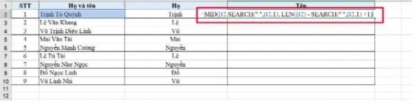 Hàm mid trong excel kết hợp với một số hàm khác