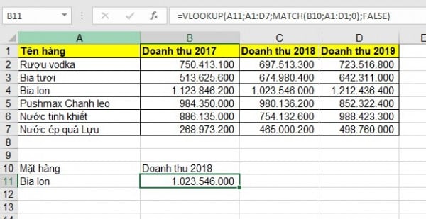 Kết hợp hàm match với các hàm tìm kiếm trong lookup