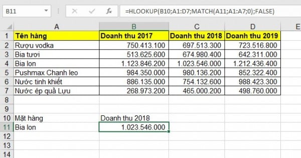 Kết hợp hàm match với các hàm tìm kiếm trong lookup