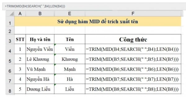 Ví dụ cụ thể khi sử dụng hàm mid trong excel