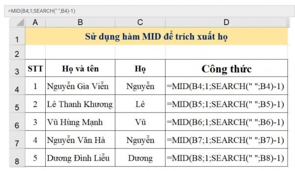 Ví dụ cụ thể khi sử dụng hàm mid trong excel