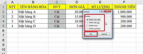 Hướng dẫn xóa cột nhập Excel