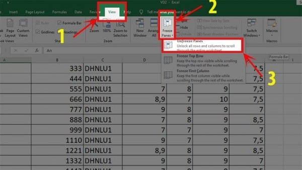 Cách bỏ cố định dòng trong Excel