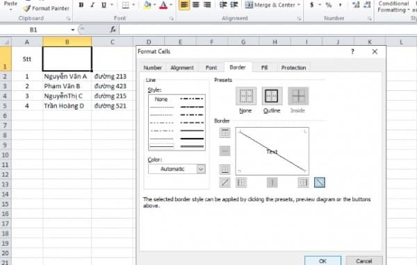 Cách chia 1 cột thành 2 cột trong Excel dùng đường chéo