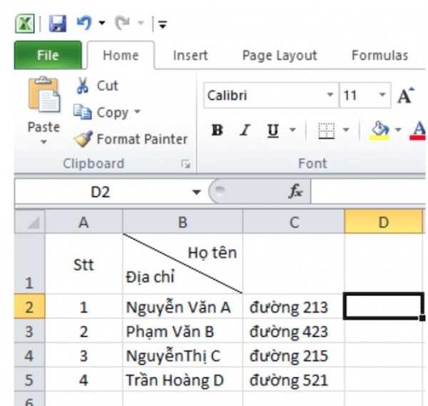 Cách chia 1 cột thành 2 cột trong Excel dùng đường chéo