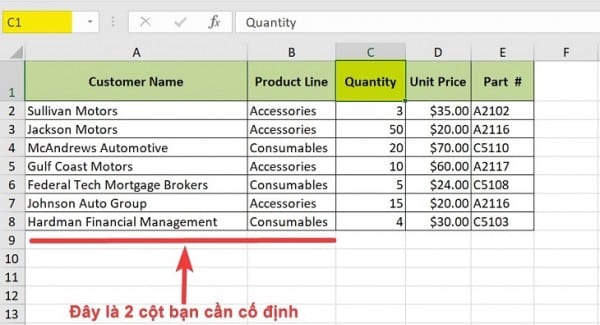 Cách cố định nhiều cột trong Excel 