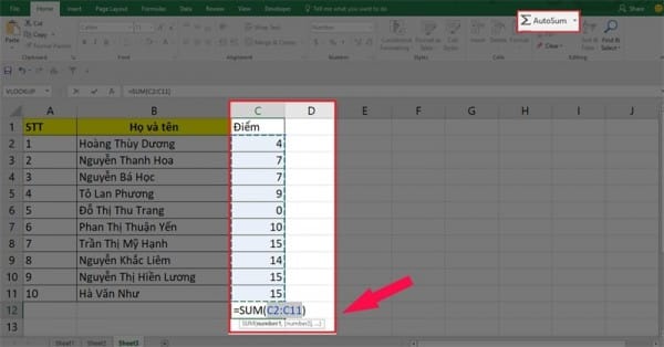 Cách cộng trong Excel bằng hàm SUM 