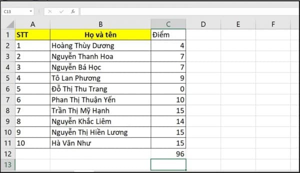 Cách cộng trong Excel bằng hàm SUM 