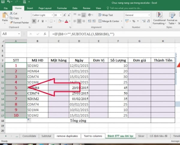 Cách đánh số thứ tự trong Excel khi ẩn dòng