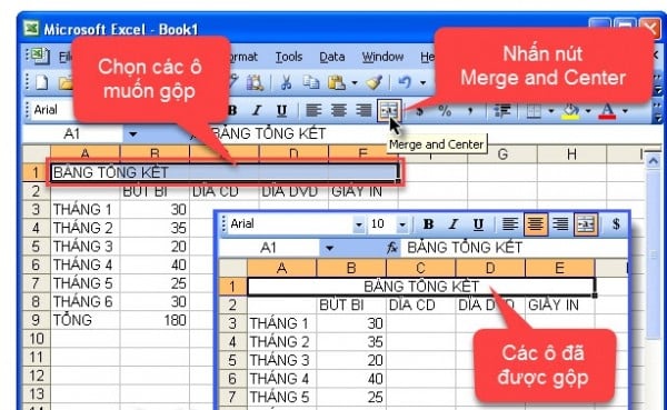 Hướng dẫn cách gộp ô trong Excel 2003