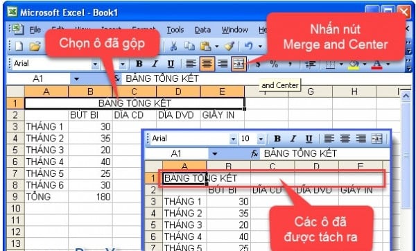 Hướng dẫn cách gộp ô trong Excel 2003