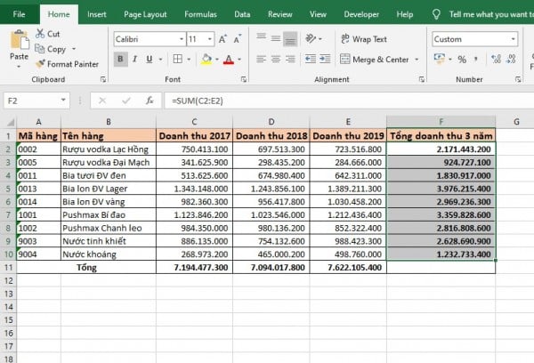 Cách tính tổng hàng ngang trong Excel