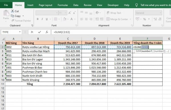 Cách tính tổng hàng ngang trong Excel