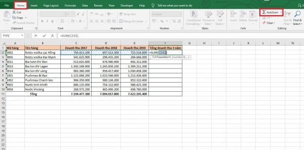 Cách tính tổng hàng ngang trong Excel