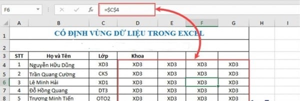 Cố định vùng dữ liệu trong Excel