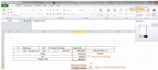 Cách tính tổng hàng dọc trong Excel