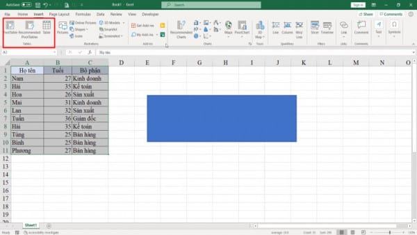 Các tính năng bên trên thanh dụng cụ Excel 