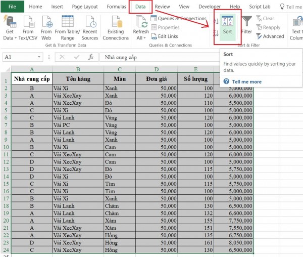 Cách sắp xếp theo thứ tự tăng dần trong Excel 