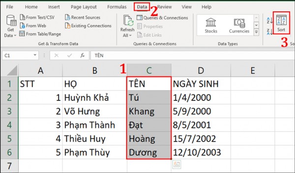 Cách sort theo a b c trong Excel 