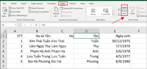 Cách sort theo a b c trong Excel 