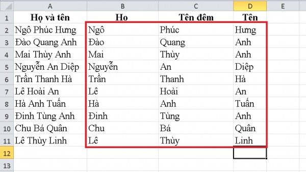 Hướng dẫn cách tách tên trong Excel