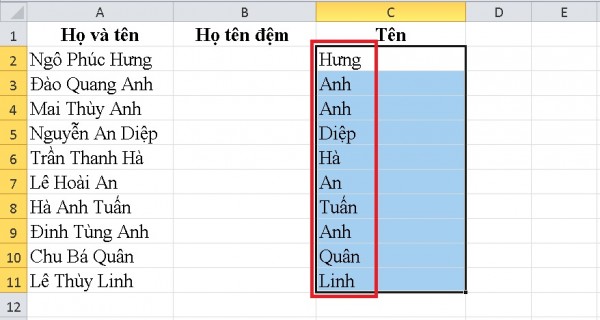 Hướng dẫn cách tách tên trong Excel