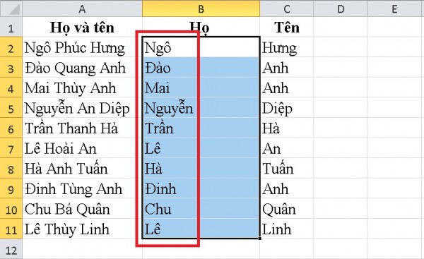 Hướng dẫn cách tách tên trong Excel