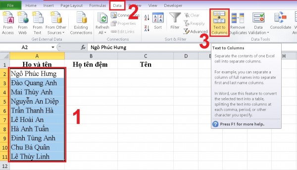 Hướng dẫn cách tách tên trong Excel