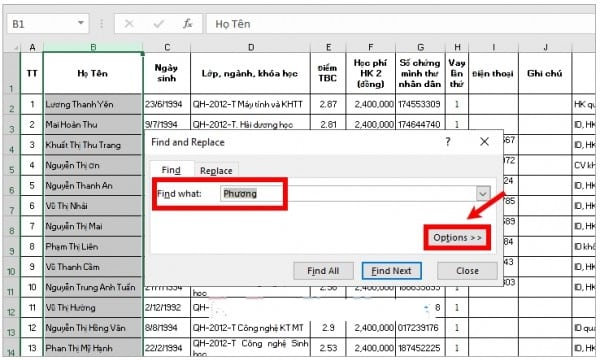 Hướng dẫn cách tìm tên trong Excel