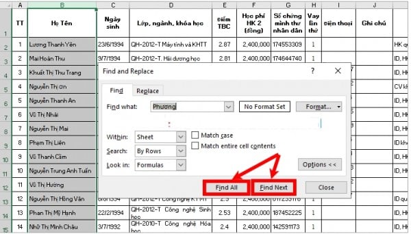 Hướng dẫn cách tìm tên trong Excel