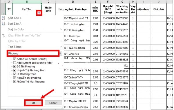 Hướng dẫn cách tìm tên trong Excel